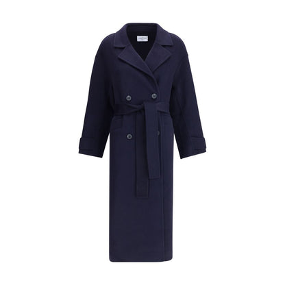 Dynamis Studio Blue Wool Coat, double-breasted with belt, long sleeves, ideal for AW25 fashion, classic lapels and button closure.
