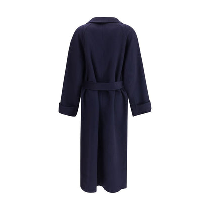 Back view of Dynamis Studio Blue Wool Coat showing the belt and classic lapels, perfect for autumn and winter fashion.