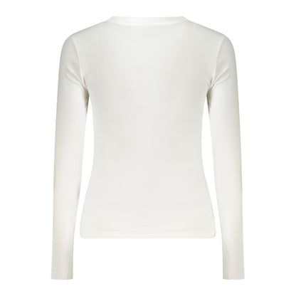 Back view of Guess Jeans White Cotton Women T-Shirt, long-sleeved with slim fit and V-neck, showcasing elegance and comfort.