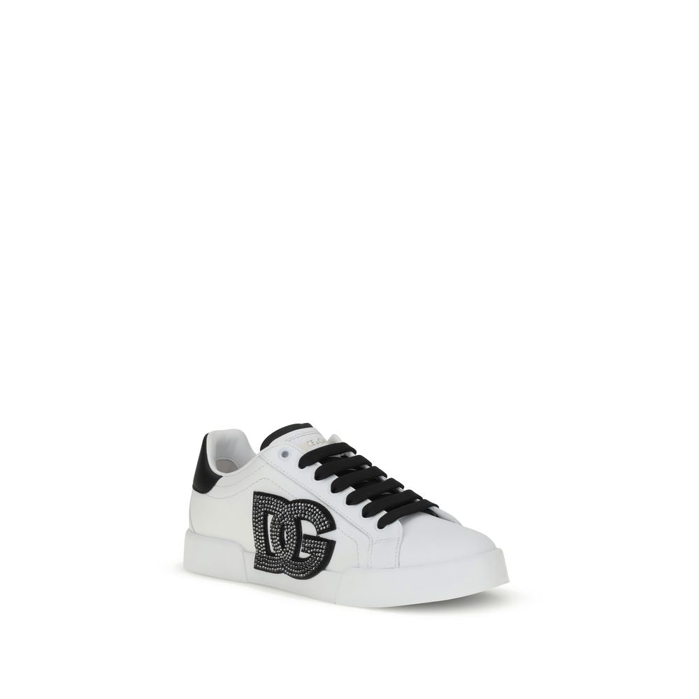 Dolce & Gabbana White Calf Leather Bos Taurus Low Top Sneakers with EVA sole and branded details on white background