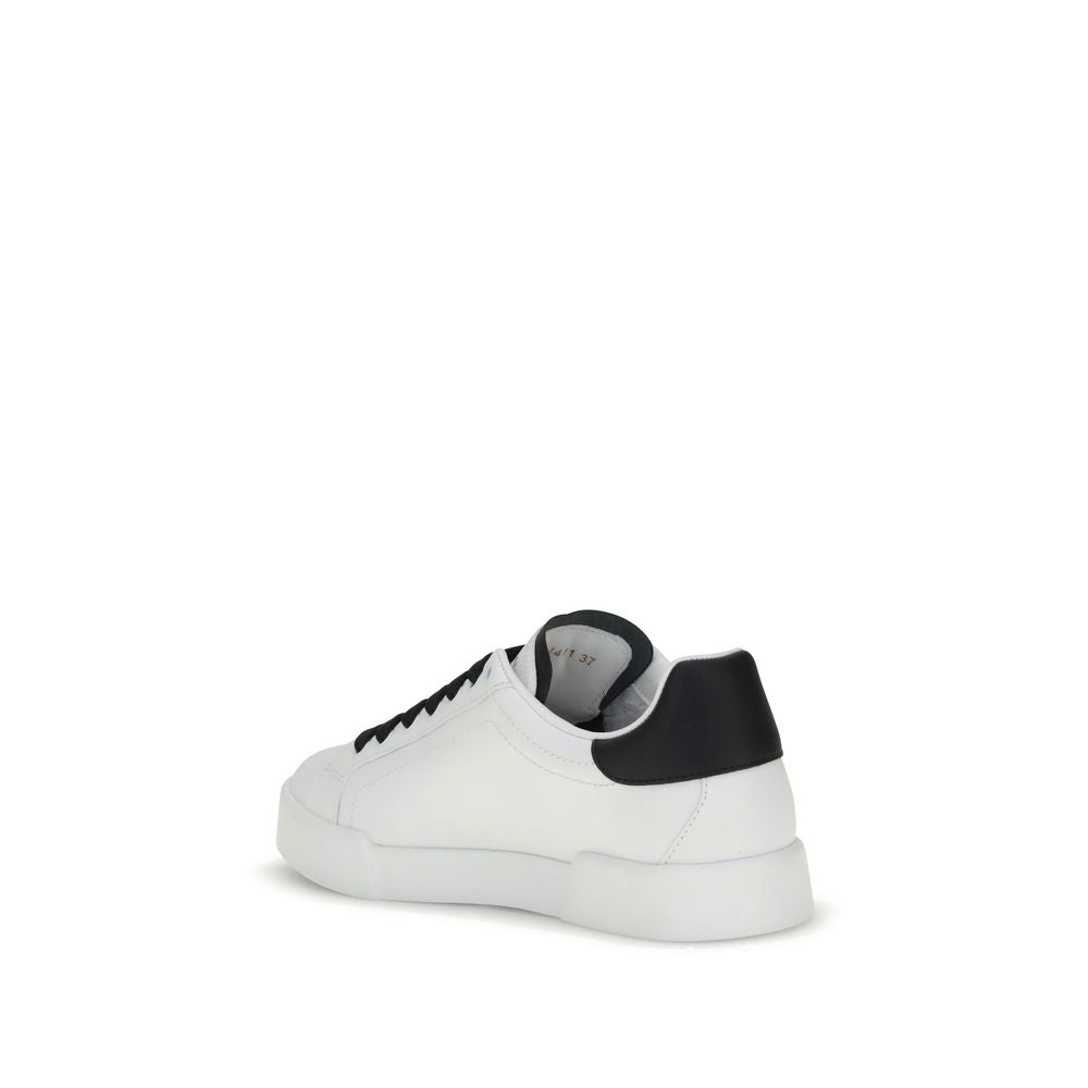 Dolce & Gabbana White Calf Leather Bos Taurus Low Top Sneakers with multicolored elements and EVA sole, rear view.
