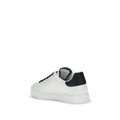 Dolce & Gabbana White Calf Leather Bos Taurus Low Top Sneakers with multicolored elements and EVA sole, rear view.