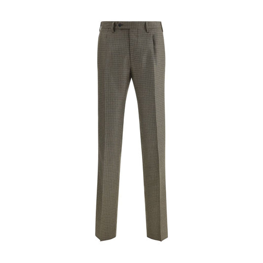 Germano Brown Fleece Wool Casual Pants with houndstooth pattern and classic straight cut, featuring side welt and back pockets.