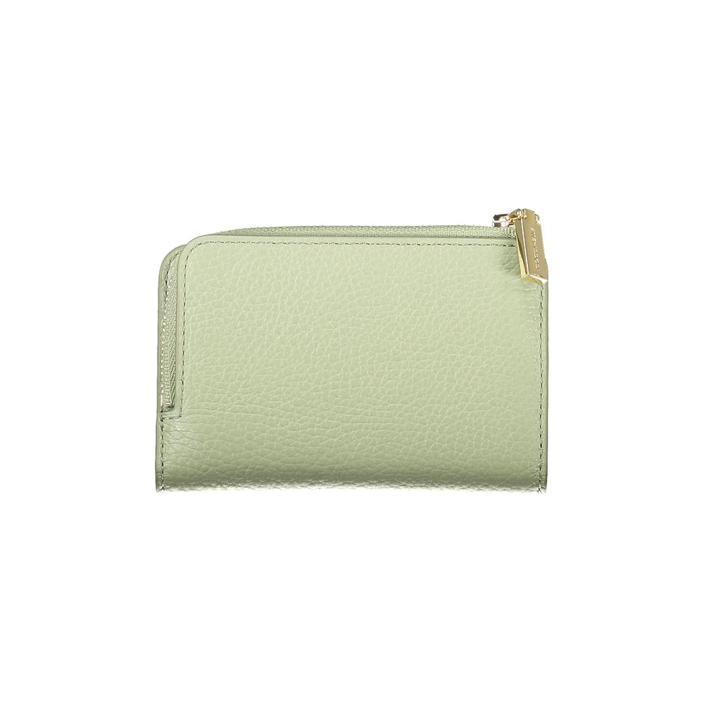 Coccinelle Green Leather Women Wallet with zip closure, elegant design, and spacious compartments for coins and cards.