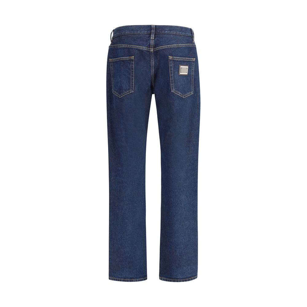 Dolce & Gabbana Blue Cotton Straight-Leg Jeans featuring classic fit, logo plaque, back view, AW25 season, 100% cotton composition.