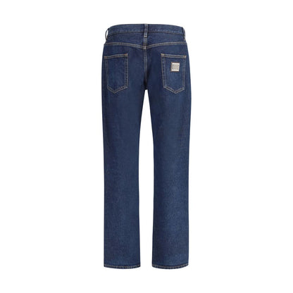 Dolce & Gabbana Blue Cotton Straight-Leg Jeans featuring classic fit, logo plaque, back view, AW25 season, 100% cotton composition.