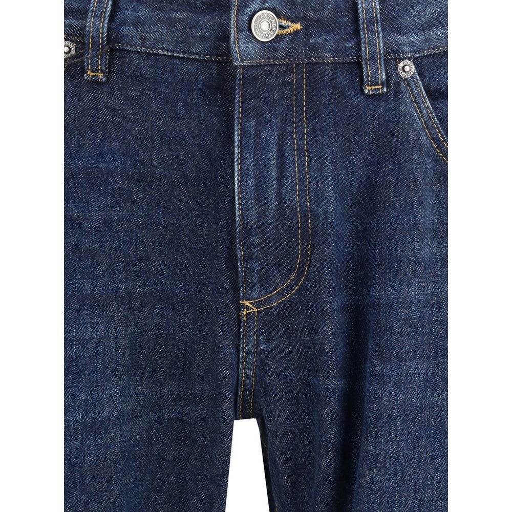 Close-up of Dolce & Gabbana Blue Cotton Straight-Leg Jeans showing front pocket, button closure, zipper and stitching details.