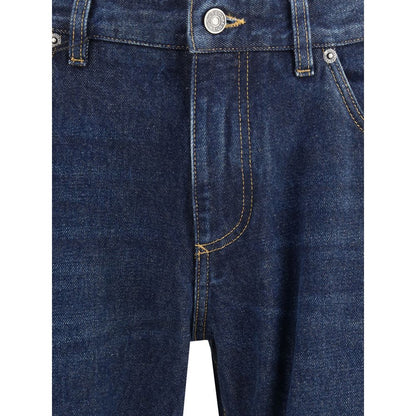 Close-up of Dolce & Gabbana Blue Cotton Straight-Leg Jeans showing front pocket, button closure, zipper and stitching details.