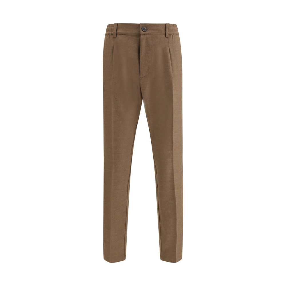 Cruna Brown Fleece Wool Casual Pants in a straight-leg design with elasticized waist, side welt pockets, and adjustable drawstring.