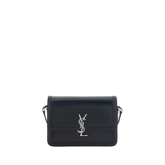 Saint Laurent Black Calf Leather Bos Taurus Shoulder Bag with YSL logo and magnetic flap closure, showcasing luxury design.