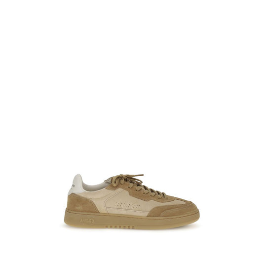 Axel Arigato Beige Leather Low Top Sneakers with retro 70s running shoe design, full leather upper and rubber sole, side view.