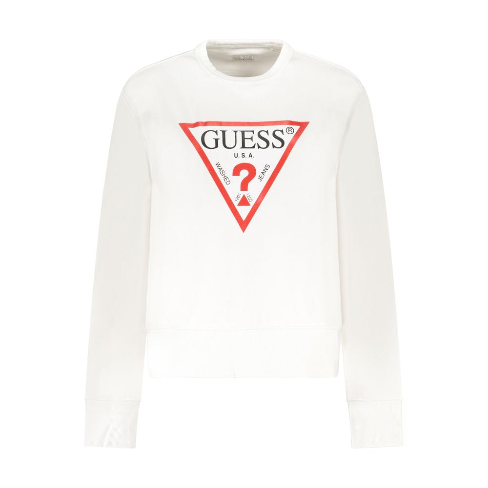 Guess Jeans White Cotton Women Sweater with iconic logo print, chic crew neck design, and long sleeves, perfect for fashion-forward style.