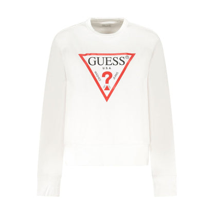 Guess Jeans White Cotton Women Sweater with iconic logo print, chic crew neck design, and long sleeves, perfect for fashion-forward style.