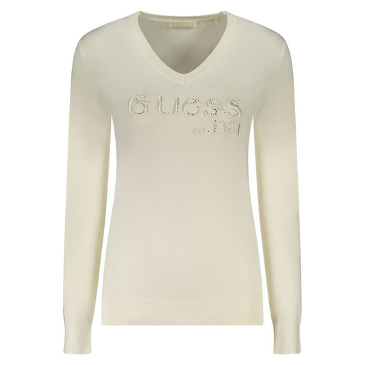 Guess Jeans White Viscose Women Sweater with rhinestone decorations, V-neck, and embroidery detail.