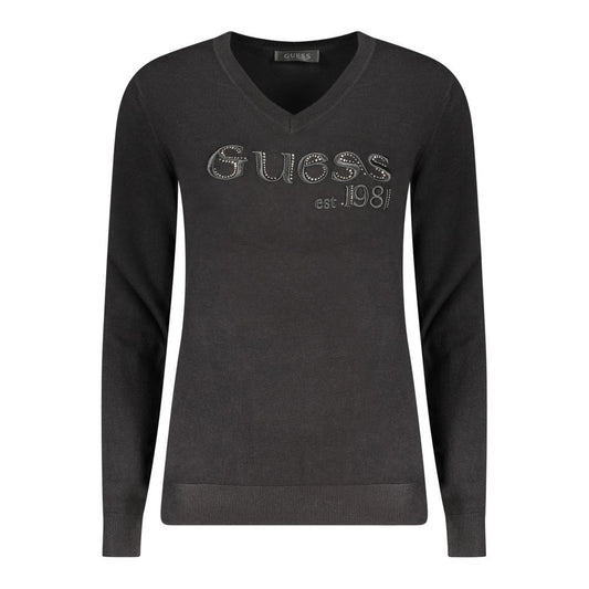 Alt Tag: Guess Jeans Black Viscose Women Sweater with V-neck and rhinestone embellishments