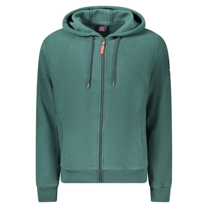 Alt Tag: Norway 1963 Green Polyester Men Sweater with hood and zip, featuring subtle embroidery. Ideal for smart-casual urban style.