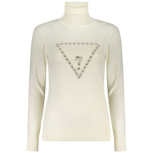 Guess Jeans White Viscose Women Sweater with rhinestone logo design and turtleneck, offering sophistication and style.