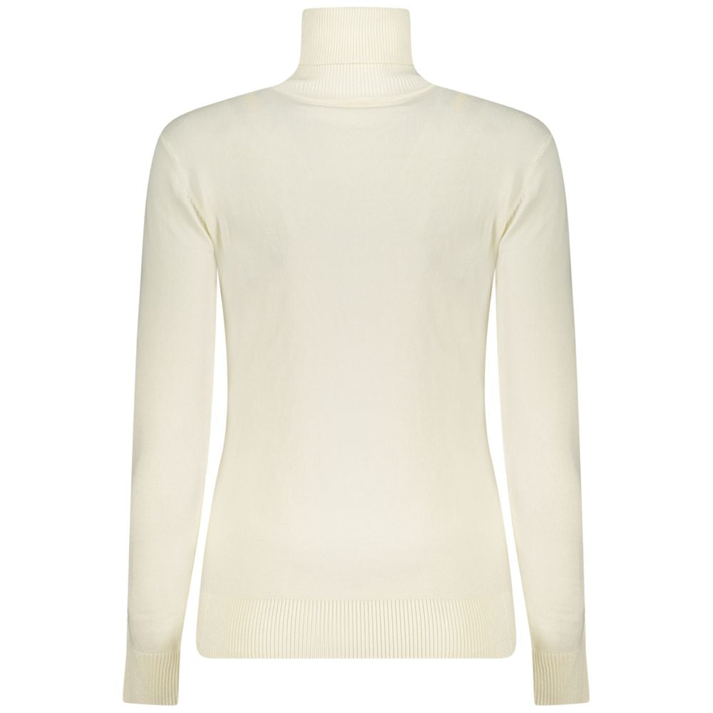 Guess Jeans White Viscose Women Sweater with turtleneck and rhinestone details, showcasing elegant style and comfortable fit.