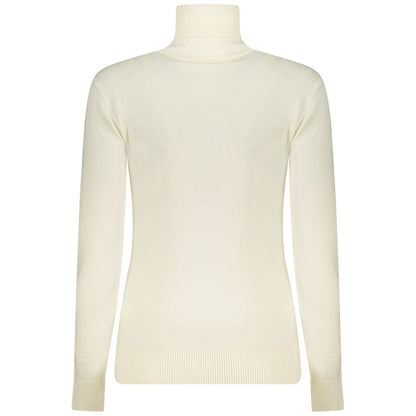 Guess Jeans White Viscose Women Sweater with turtleneck and rhinestone details, showcasing elegant style and comfortable fit.