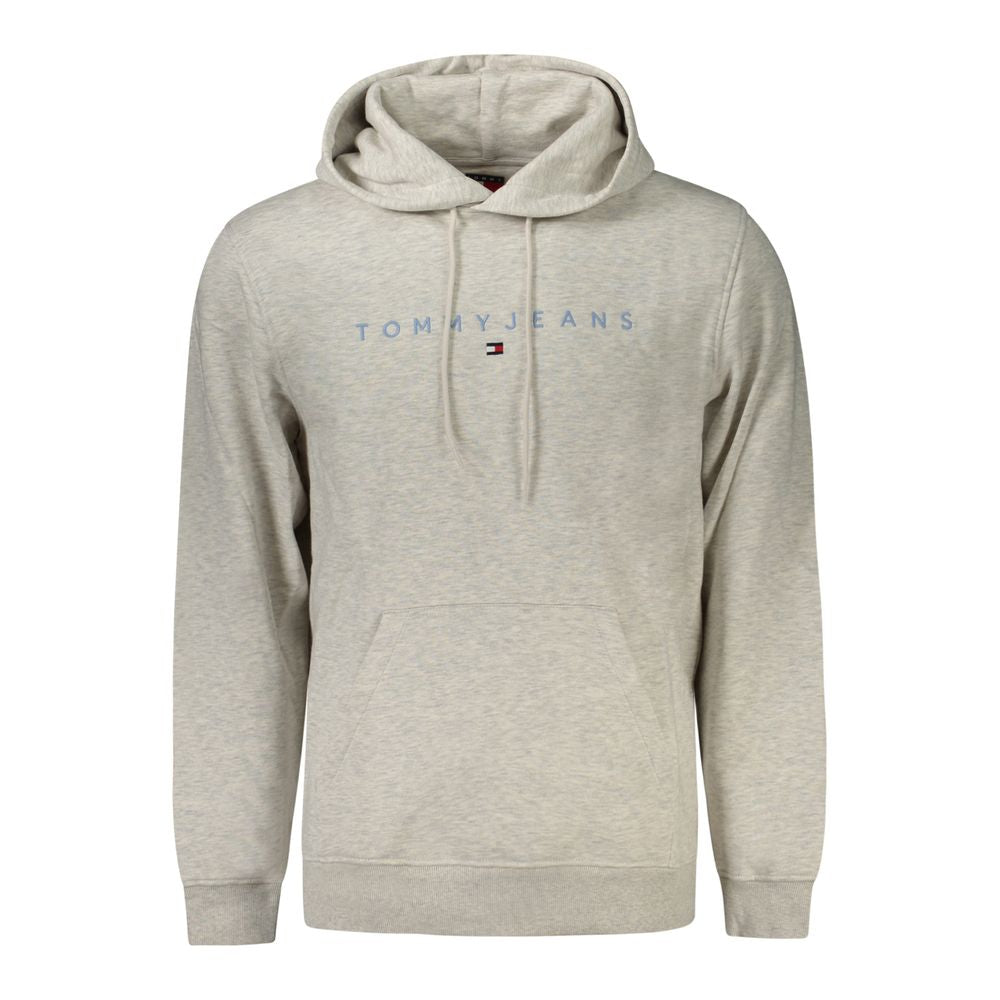 Tommy Hilfiger Gray Cotton Men Sweater with hood and central pocket, featuring iconic logo embroidery, sustainable cotton blend.