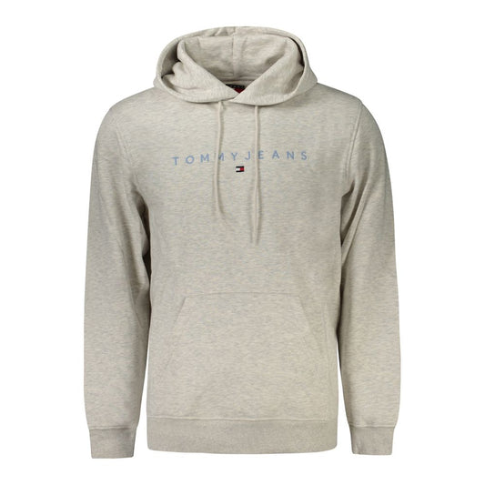 Tommy Hilfiger Gray Cotton Men Sweater with hood and central pocket, featuring iconic logo embroidery, sustainable cotton blend.