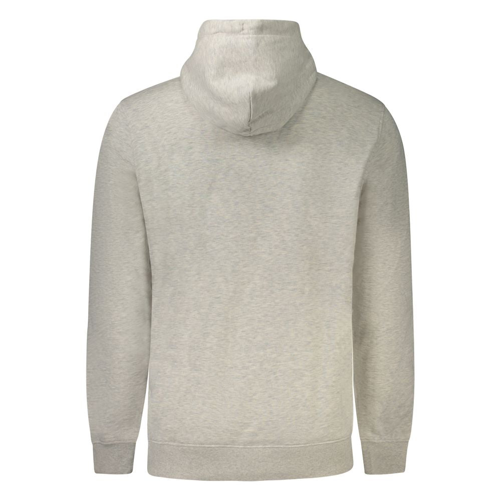 Back view of Tommy Hilfiger Gray Cotton Men Sweater with hood, showcasing eco-friendly design and iconic logo embroidery.