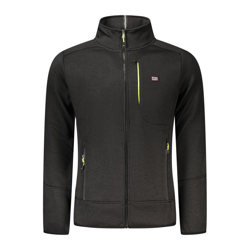 Norway 1963 Black Polyester Men Sweater with zipper and pockets, sleek design with applique logo for urban sophistication.