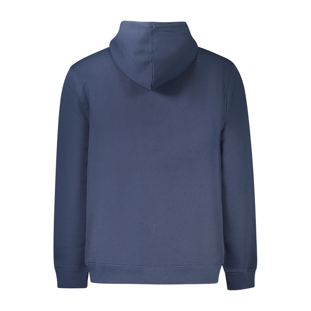 Back view of Tommy Hilfiger Blue Cotton Men Sweater with hood, showcasing sleek design and sustainable cotton knit.
