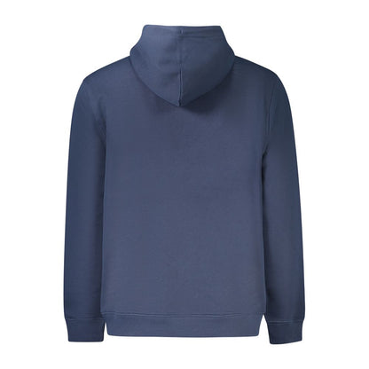 Back view of Tommy Hilfiger Blue Cotton Men Sweater with hood, showcasing sleek design and sustainable cotton knit.