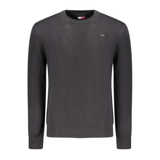 Tommy Hilfiger Black Cotton Men Sweater featuring a crew neck design, organic cotton fabric, and iconic logo embroidery.