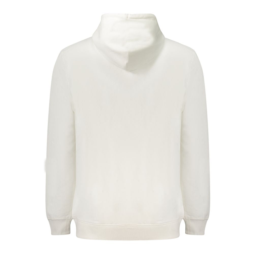 Back view of the Tommy Hilfiger White Cotton Men Sweater featuring hood and long sleeves, made from 95% regenerative cotton for eco-friendly comfort.