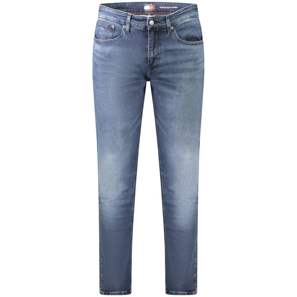 Tommy Hilfiger Blue Cotton Men Jeans featuring a slim tapered fit and iconic logo, perfect for stylish and comfortable wear.