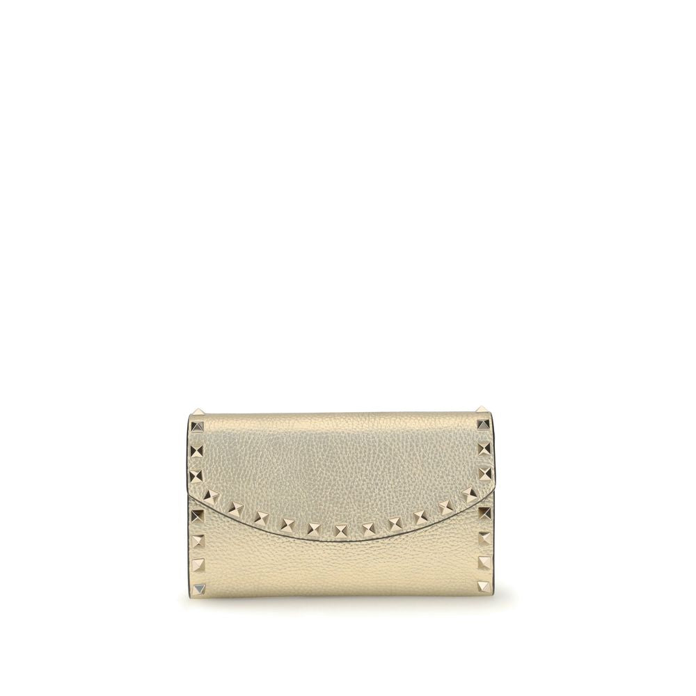 Valentino Garavani Gold Calf Leather Bos Taurus Wallet with Rockstud detailing and removable chain.