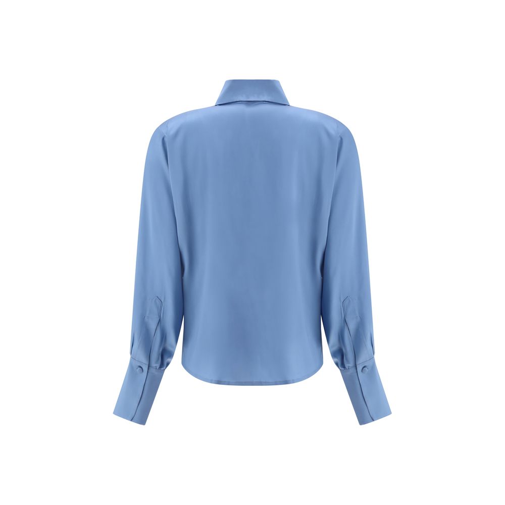 Crida Milano Light Blue Silk Shirt back view, featuring classic high collar and luminous satin finish for a sophisticated look.