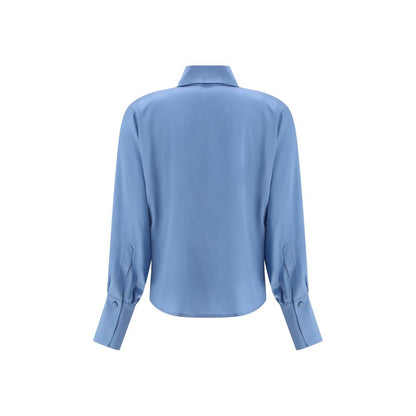 Crida Milano Light Blue Silk Shirt back view, featuring classic high collar and luminous satin finish for a sophisticated look.