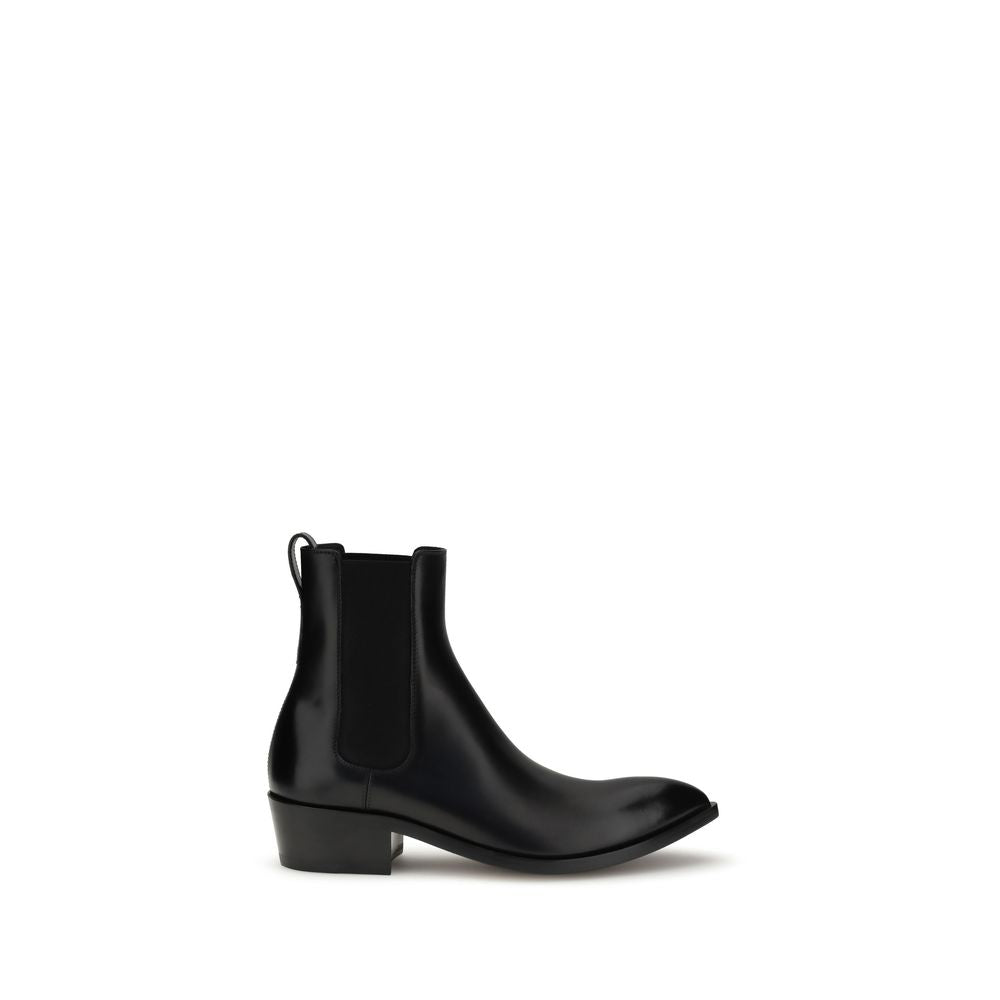 Tom Ford Black Calf Leather Bos Taurus Chelsea Boots with ankle-length design and side elastic for a snug fit.