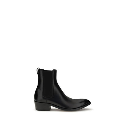 Tom Ford Black Calf Leather Bos Taurus Chelsea Boots with ankle-length design and side elastic for a snug fit.