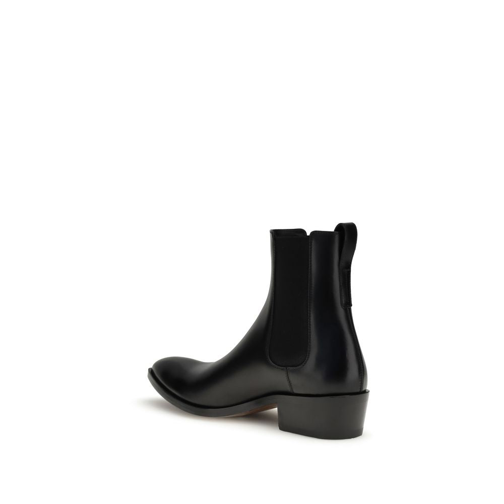 Tom Ford Black Calf Leather Bos Taurus Chelsea Boots, men's stylish ankle boot with elastic side and block heel