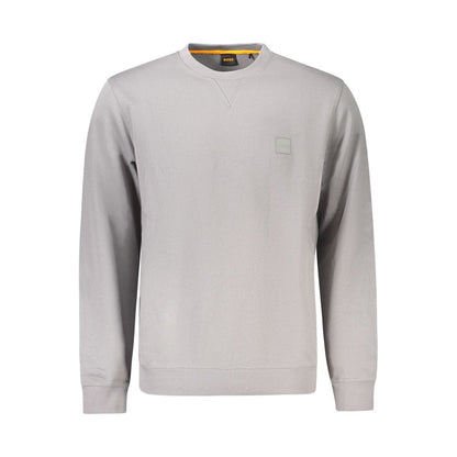 Hugo Boss Gray Cotton Men Sweater with crew neck and stylish embroidery, offering supreme comfort and sleek sophistication.