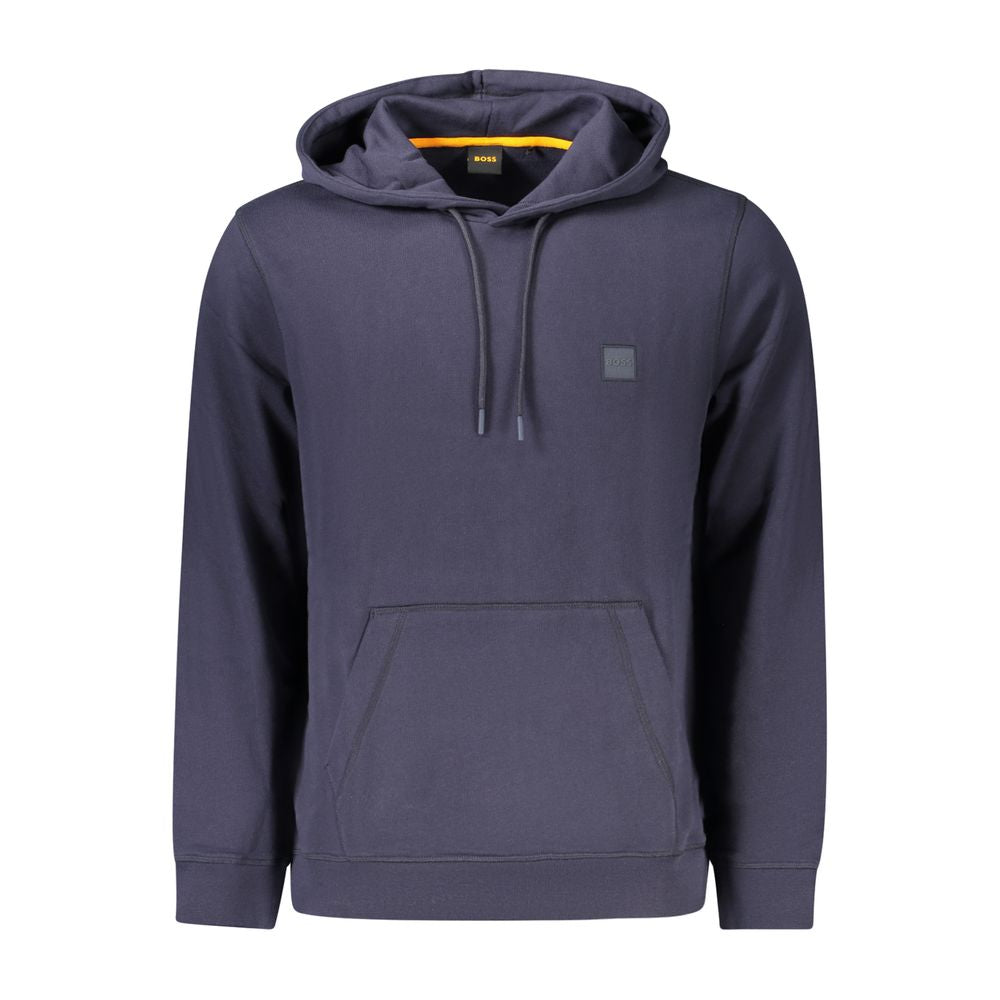 Hugo Boss Blue Cotton Men Sweater with hood, central pocket, and iconic logo embroidery, perfect for casual wear.