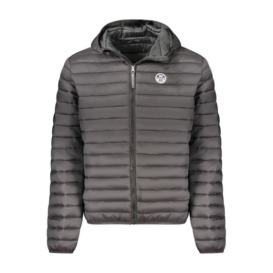North Sails Black Polyester Men Jacket with hood and 100-gram padding, featuring snap pockets for stylish functionality.