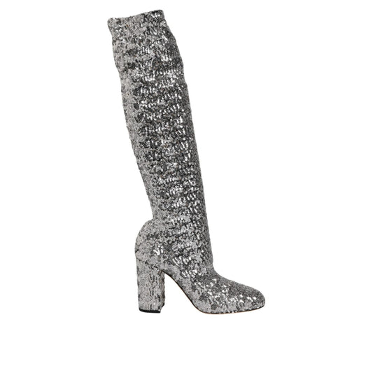 Dolce & Gabbana Shoes Silver Sequins Glitter High Heel Boot Shoes