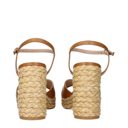 Back view of Stuart Weitzman Brown Leather Platform Sandals featuring woven block heel design.