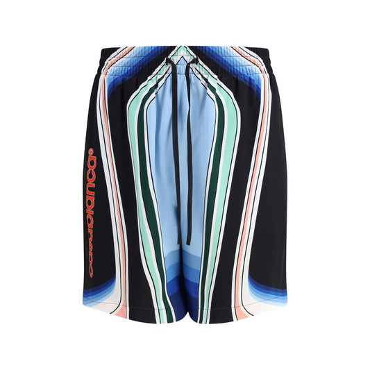 Casablanca Multicolor Silk Bermuda Shorts with graphic mountain print on satin silk, elastic waistband, and pockets, AW25, 100% silk.