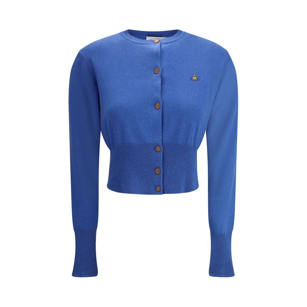 Vivienne Westwood Blue Cotton Cardigan with Orb logo, long sleeves, front button closure, AW25 collection, slim fit, cropped style