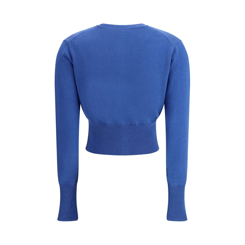 Rear view of Vivienne Westwood Blue Cotton Cardigan, featuring a slim fit with a distinctive Orb logo embroidery, ideal for AW25 fashion.