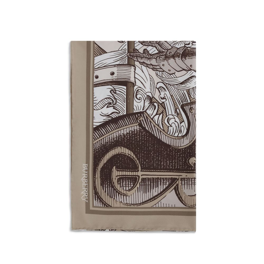 Burberry Beige Silk Scarf with antique engraving style Equestrian Knight Design, made in Italy, 90x90, 100% silk.