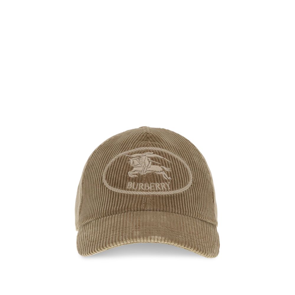 Burberry Beige Cotton Cap (Baseball Hat) - Corduroy cap with shield-shaped buckle, embroidered with Equestrian Knight Design, front view.