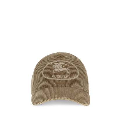 Burberry Beige Cotton Cap (Baseball Hat) - Corduroy cap with shield-shaped buckle, embroidered with Equestrian Knight Design, front view.