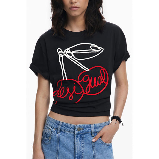 Desigual Black Cotton Women T-Shirt with chic embroidery detail featuring the Desigual logo in a stylish, trendsetting design.